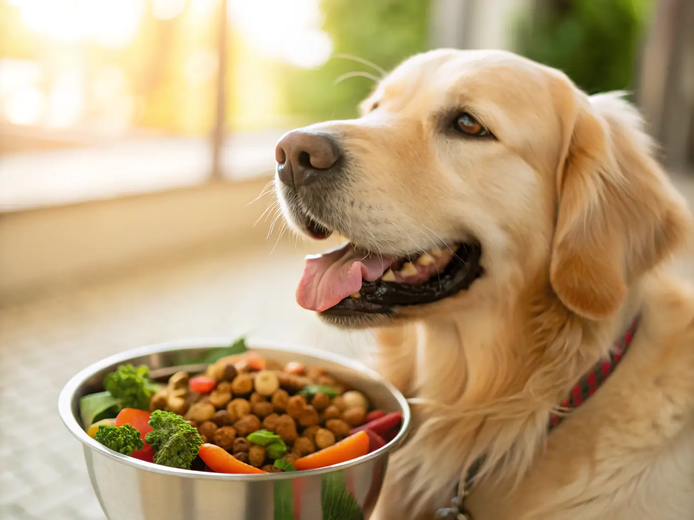 A vibrant image showcasing a happy dog enjoying a bowl of premium dog food, surrounded by fresh vegetables and wholesome ingredients, emphasizing the nutritional benefits of the food.