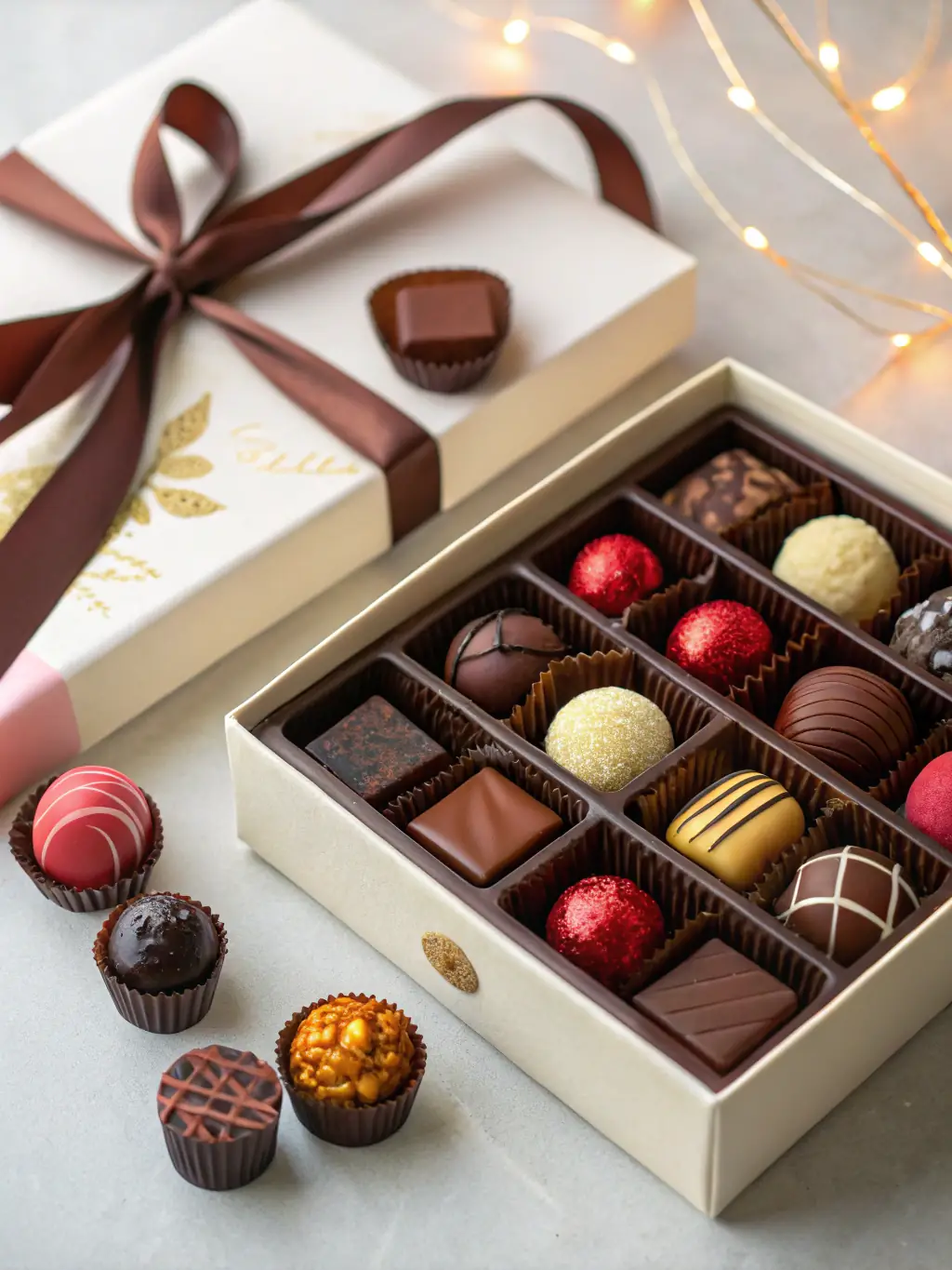 An image of the 'Holiday Collection' gift set, showcasing festive shapes and seasonal flavors. The image highlights the vibrant colors and festive designs of the chocolates, emphasizing their suitability for holiday celebrations.